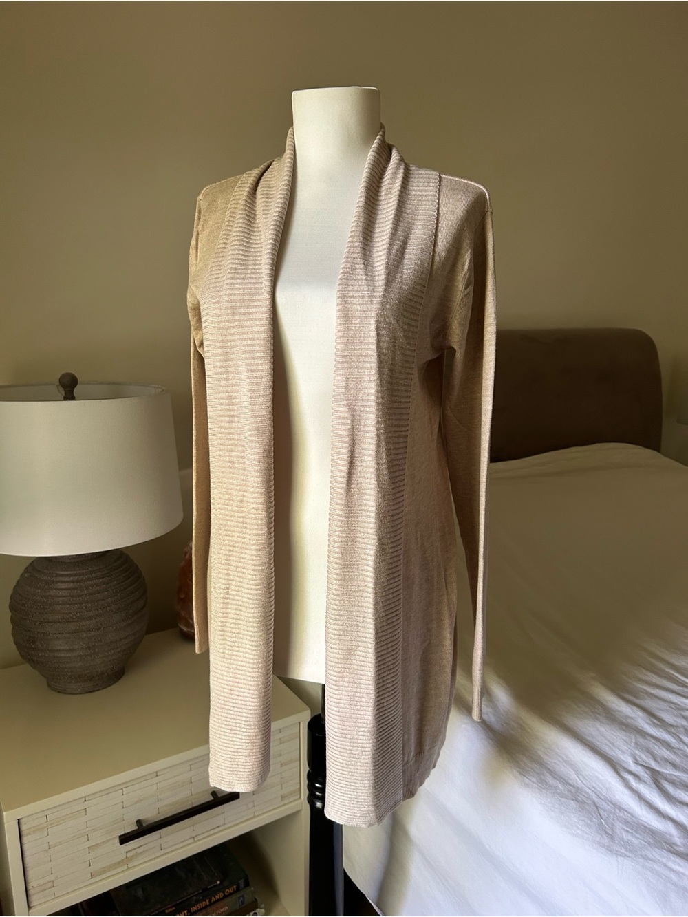 MANGO MNG Alma Longline Fine Knit Cardigan Size XS in Beige